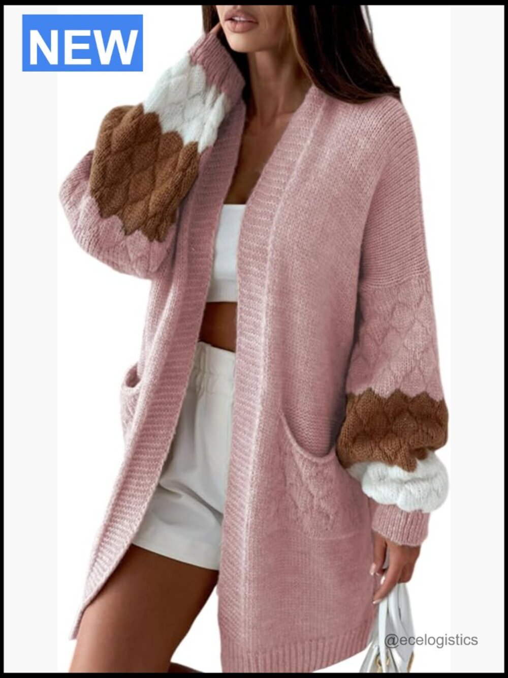 Oversized Knit Cardigan Open Front Color Block Sweater with Pockets